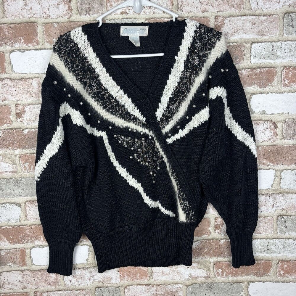 Vtg 80s Pearl Angora Blend V-Neck Sweater SIDE EFFECTS Women M Retro Glam